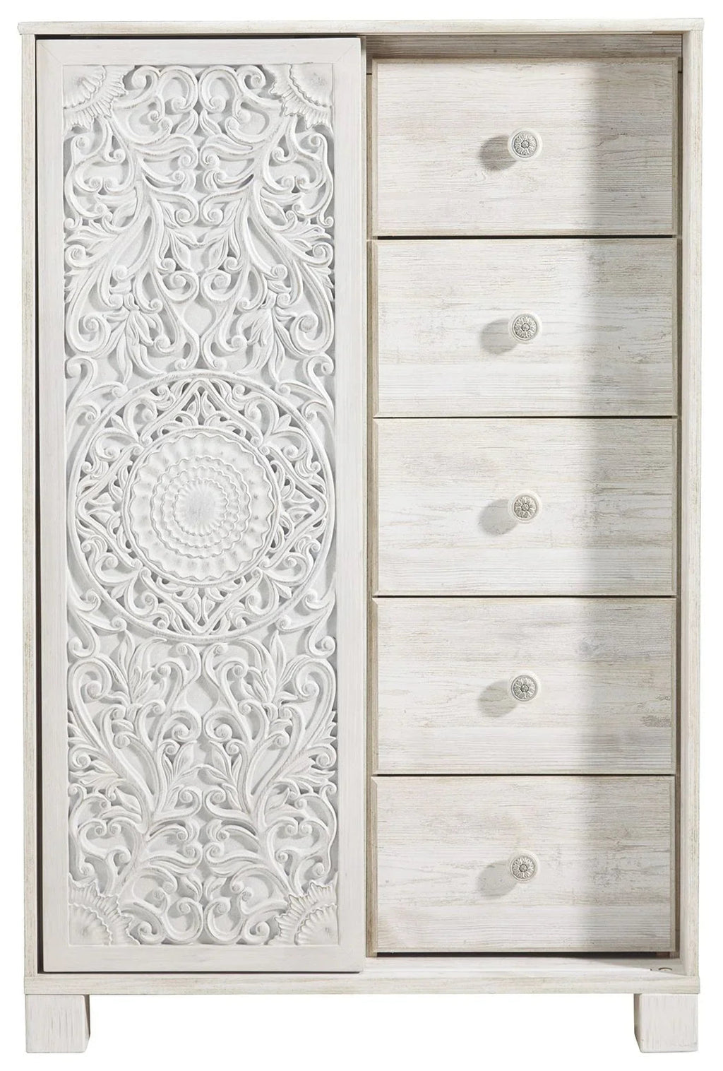 Whitewash dressing chest with embossed wardrobe door and four drawers; round knob pulls