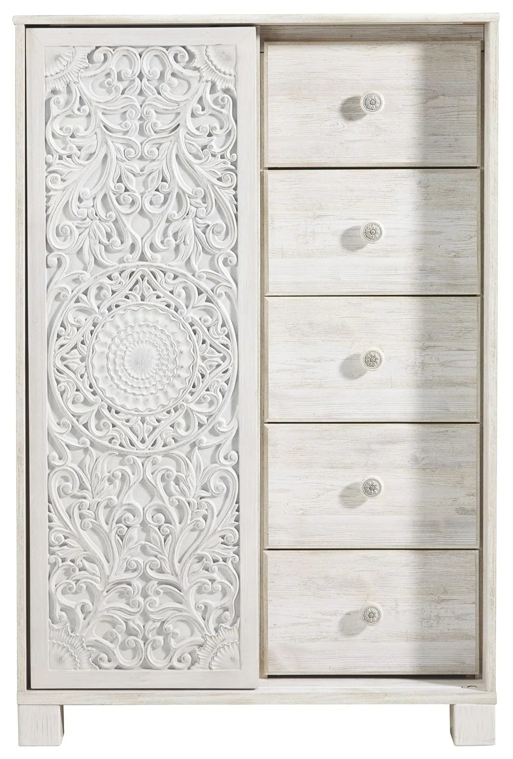 Whitewash dressing chest with embossed wardrobe door and four drawers; round knob pulls