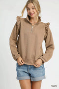 Taupe textured cable knit pullover with ruffle shoulders and half-zip front