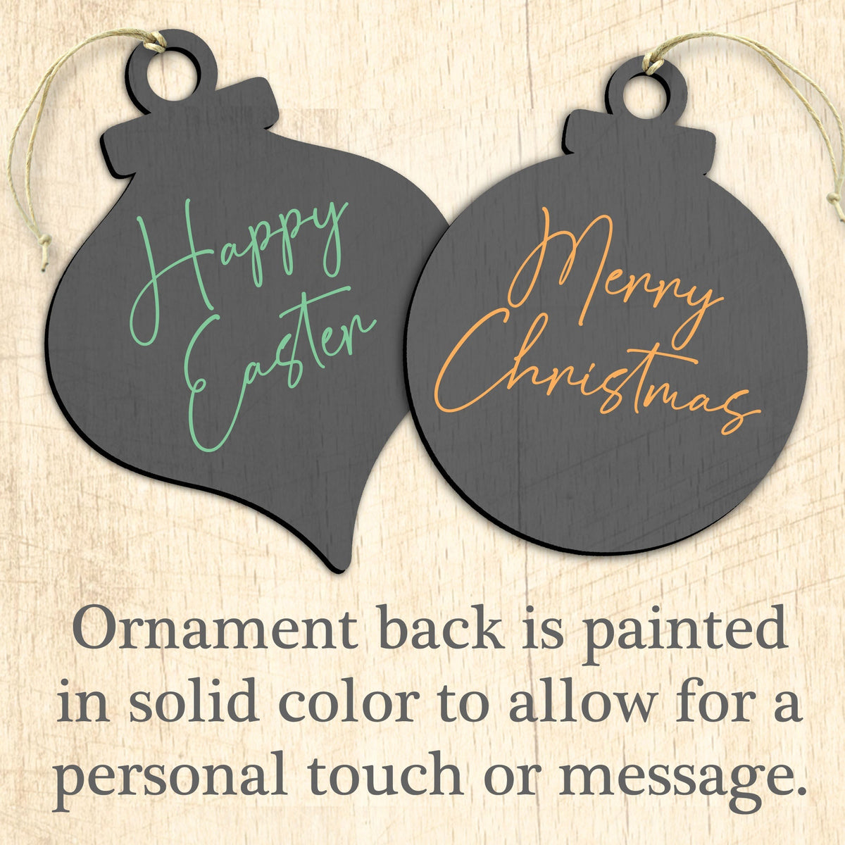 Set of two dark wooden Christmas ornaments with Happy Easter and Merry Christmas script