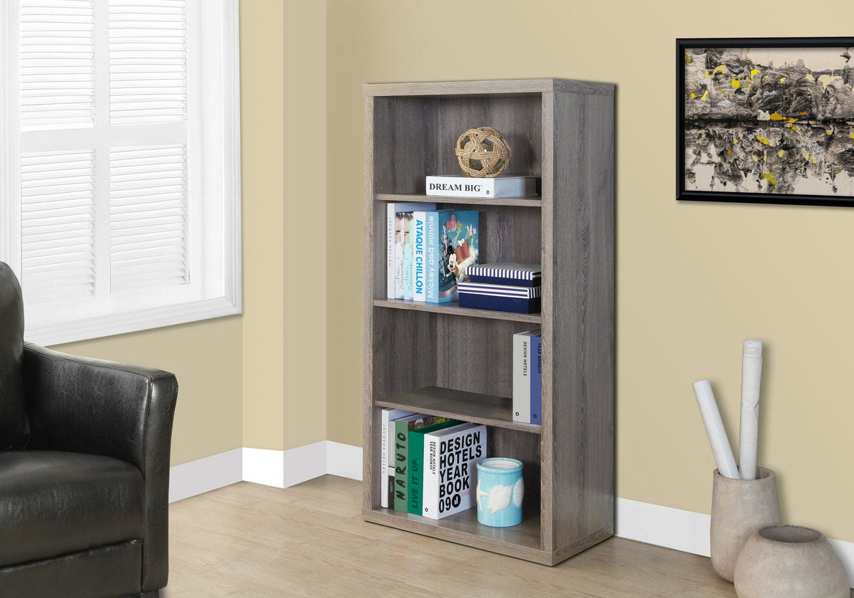 5-tier office bookshelf in gray wood finish with books and decor on shelves