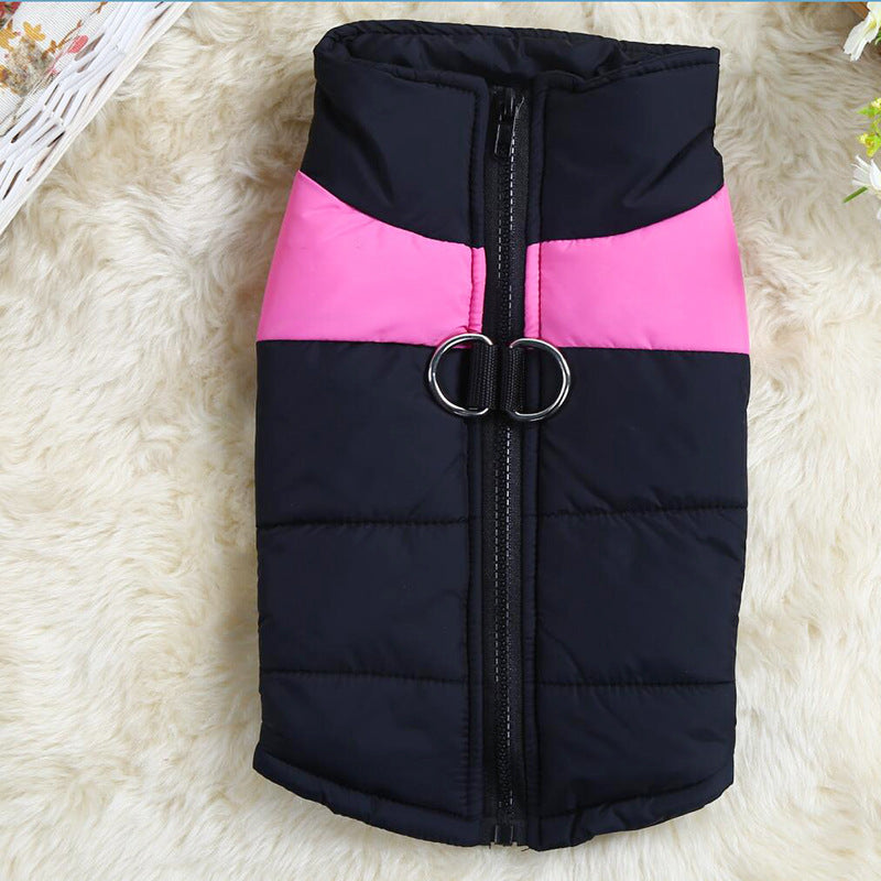Pet puffer ski suit vest in black with pink stripe and front zipper
