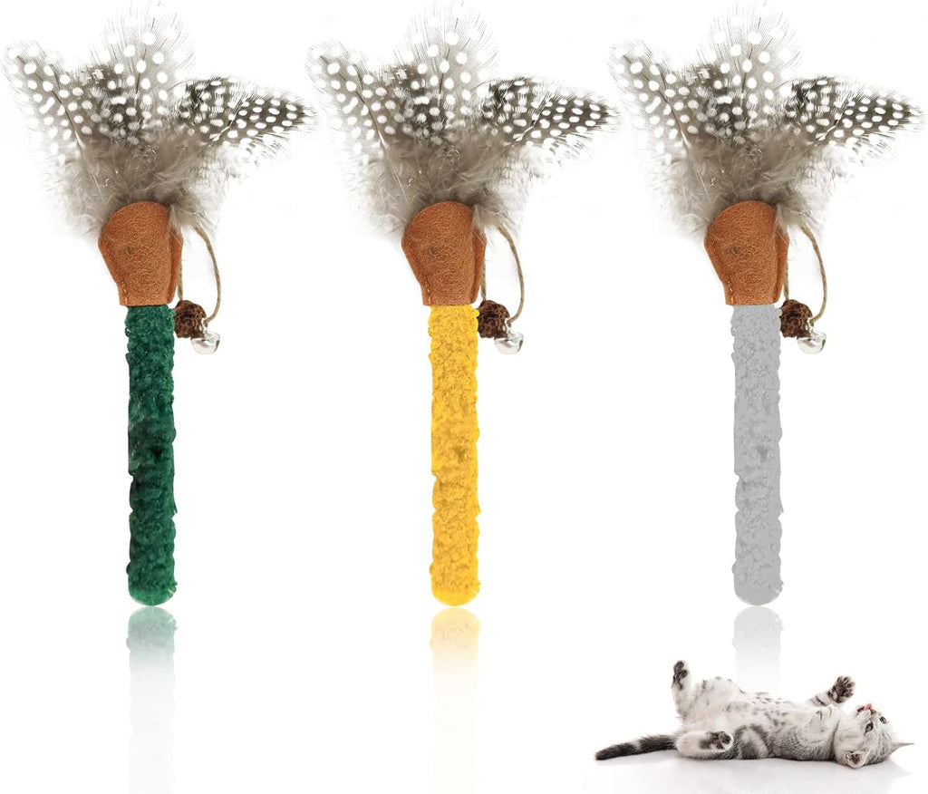 Cat chew stick toys set with gray, green, and yellow textured wands and feather sprigs