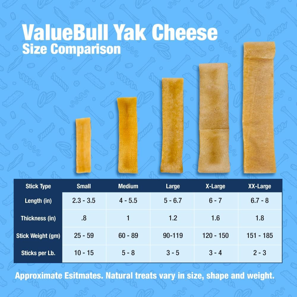 Yak cheese dog chew stick sizes comparison, multiple tan sticks shown