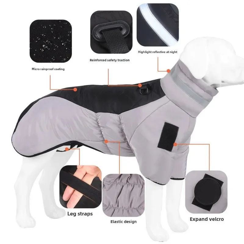 Dog winter jacket detail graphic with micro waterproof fabric and elastic straps