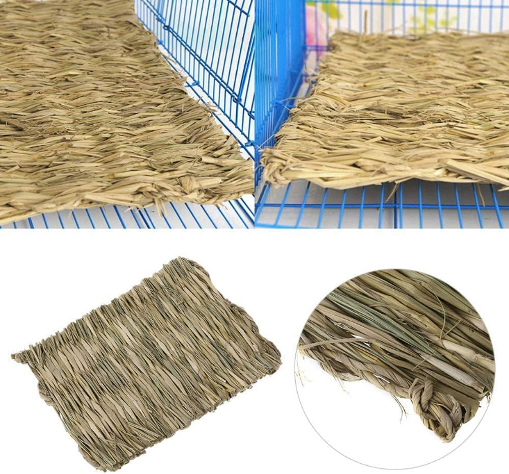 Grass woven straw pet mat corner and braided edge detail, rectangular