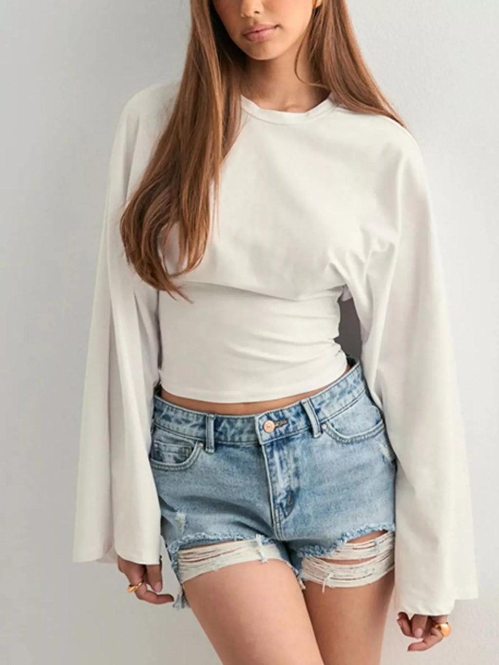 Plus size fitted long-sleeve T-shirt in white with crew neck and draped long sleeves