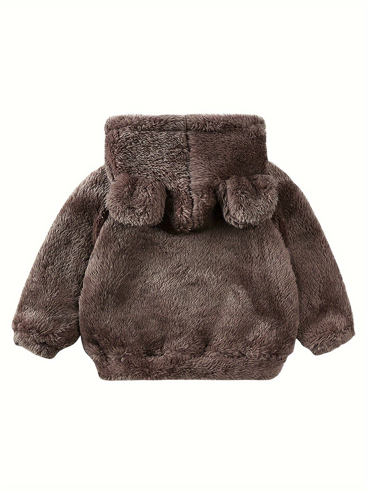 Baby girl fuzzy hooded jacket in dark brown plush with bear-ear hood, back view