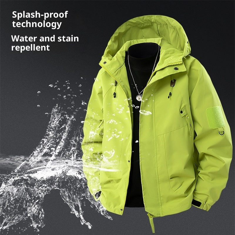 Hooded waterproof cargo jacket, fluorescent yellow-green with zip front and drawstring hem.