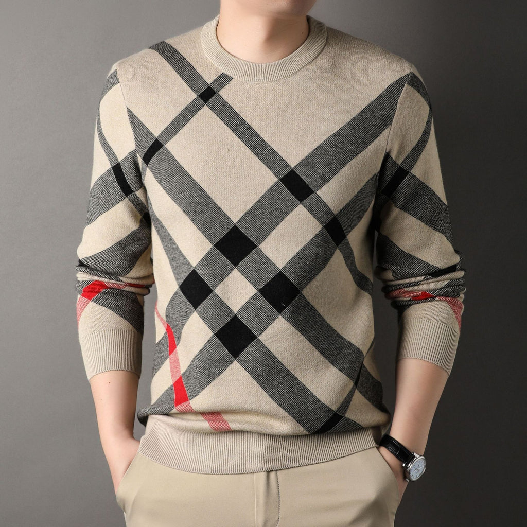 Men's casual knit sweater in khaki with black plaid and red accent panel