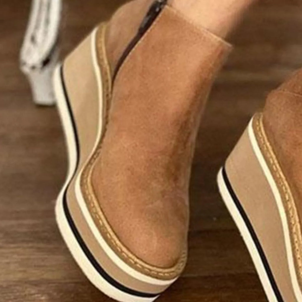 Tan suede ankle wedge boots with striped platform sole