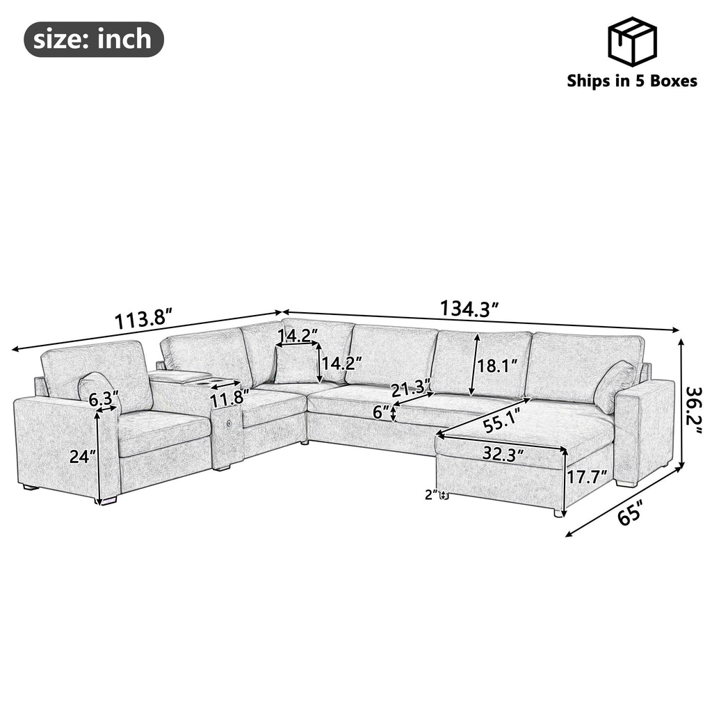 Modular sectional sofa layout dimension diagram with five-seat chaise configuration