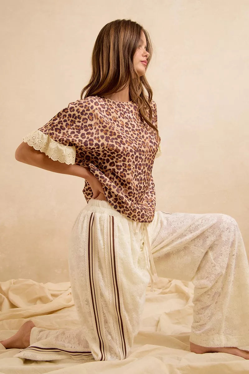 Leopard print ruffle top and shorts set, eyelet lace trim on sleeves and hem