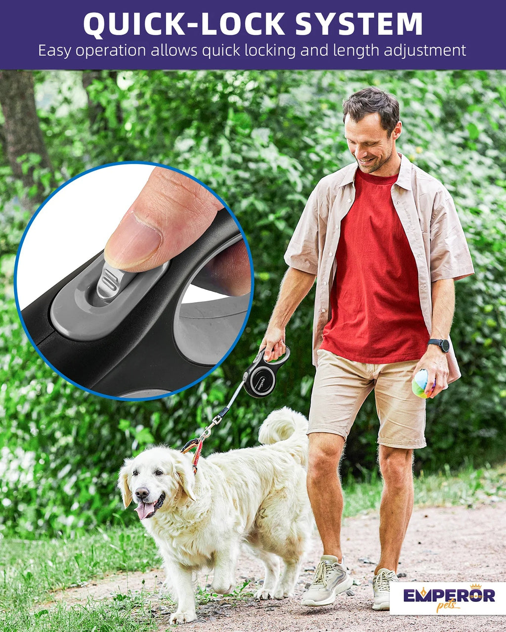 Gray retractable dog leash with quick-lock button shown in use