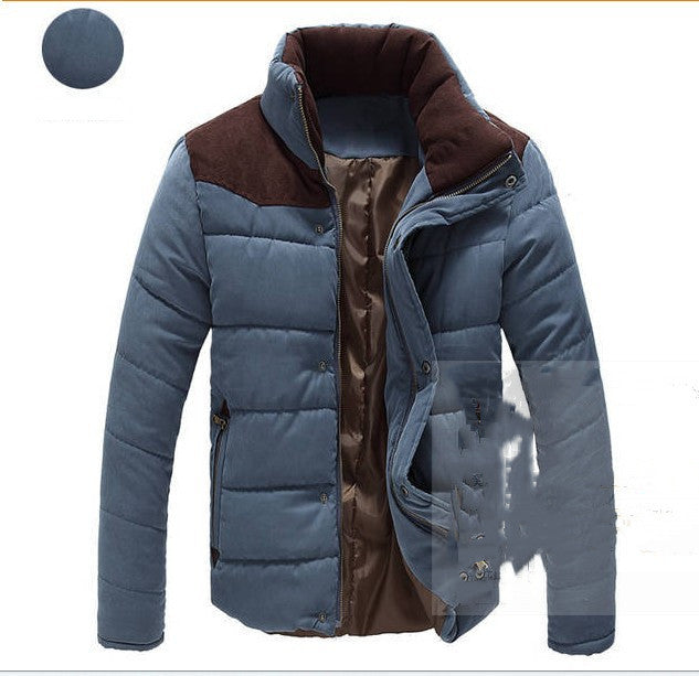 Light blue padded parka jacket with hood, front zipper, snap side pockets
