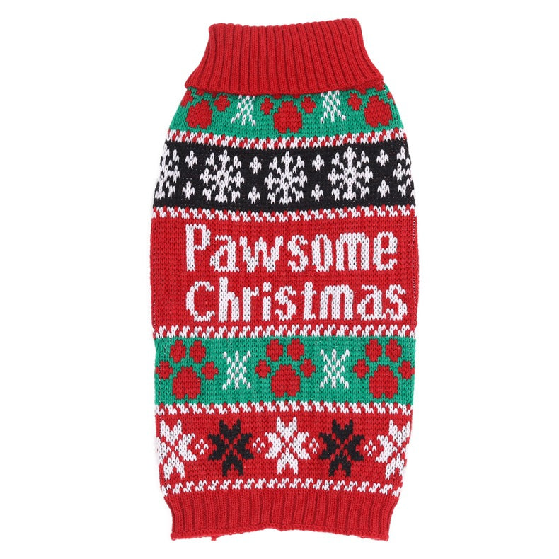 Red knit dog sweater with turtleneck and “Pawsome Christmas” word graphic in festive pattern