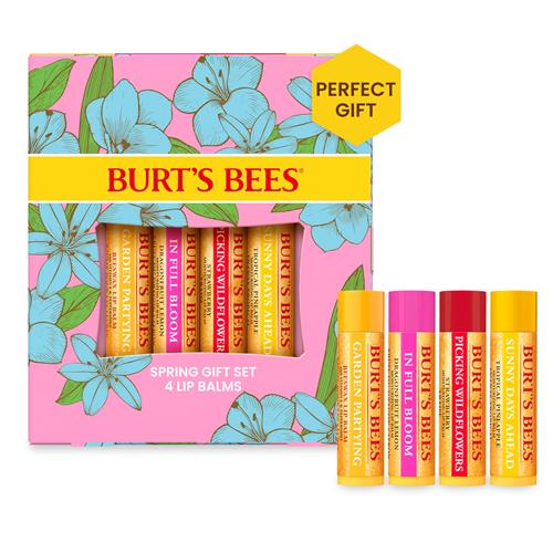 Lip balm gift set with four assorted flavored balm tubes in floral box