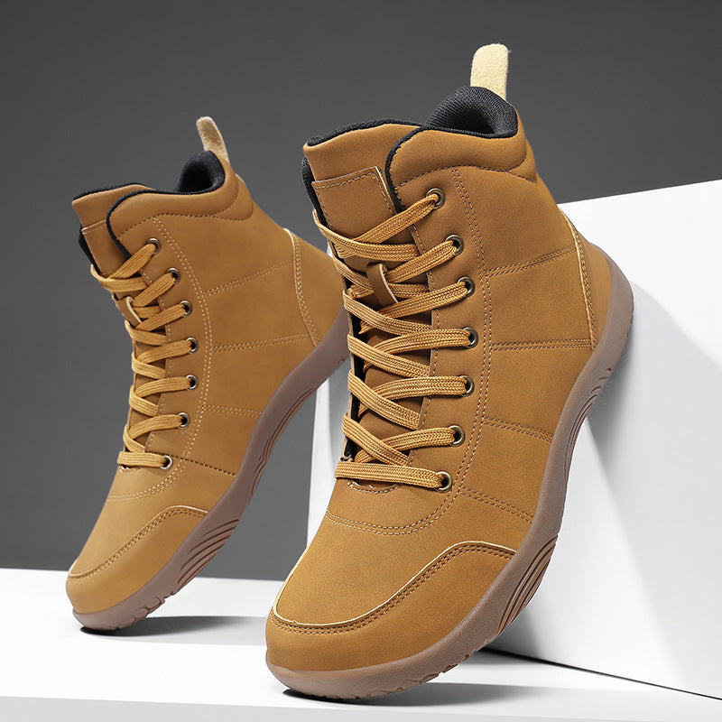 Men's wide-toe tan high-top hiking shoes, lace-up with black-rimmed rubber sole