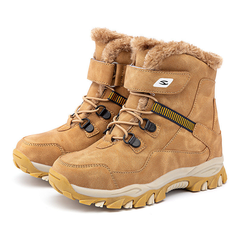 Tan kids winter boots with faux-fur lining, lace-up front, hook-and-loop straps, tread sole