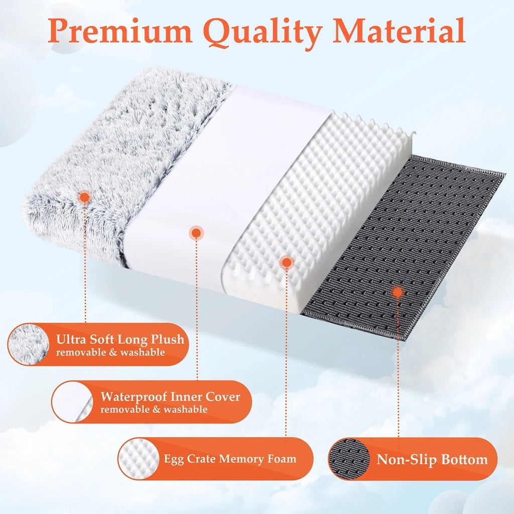 Dog bed layers: gray plush cover, egg-crate foam, non-slip bottom