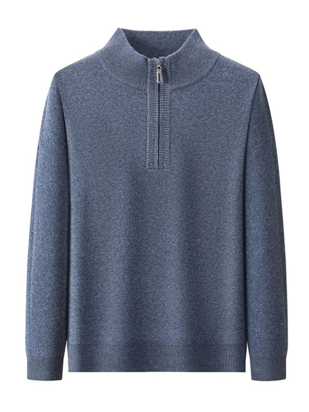 Men's plus size quarter-zip long sleeve knit sweater in blue, front zipper placket