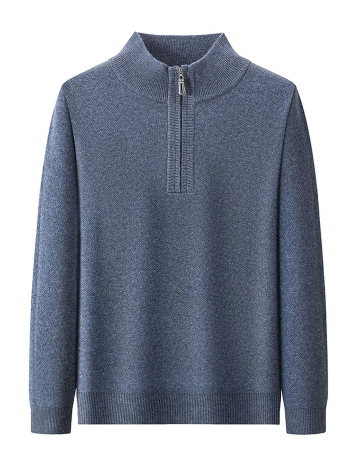 Men's plus size quarter-zip long sleeve knit sweater in blue, front zipper placket