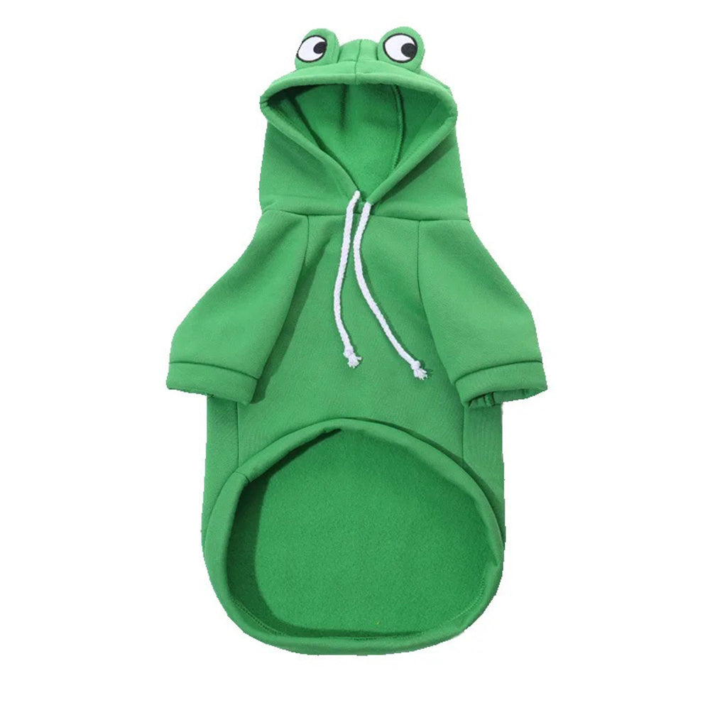 Green frog pet hoodie with hood eyes and front pouch, white drawstrings, side view
