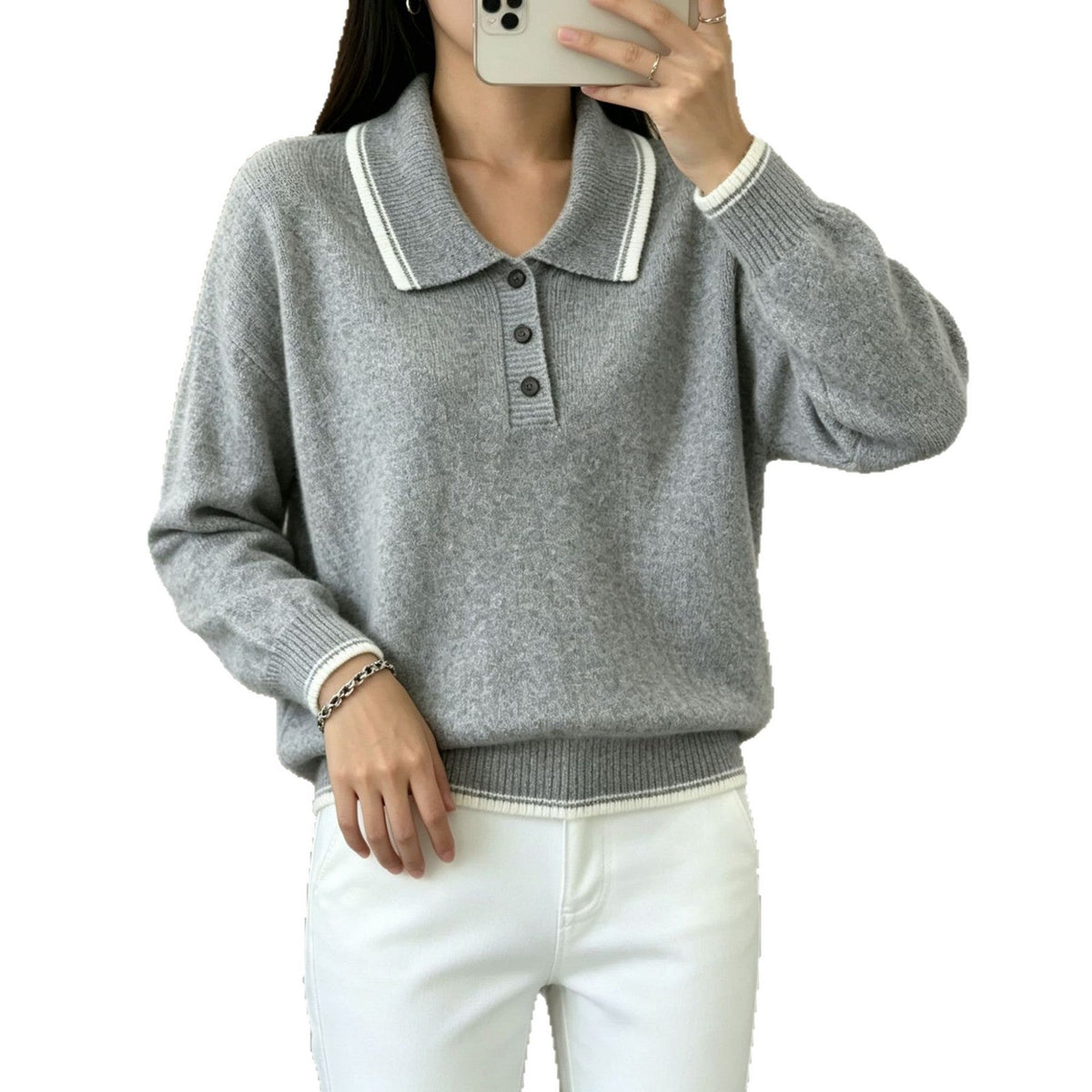 Heather gray knit sweater with white striped polo collar, button placket, long sleeves