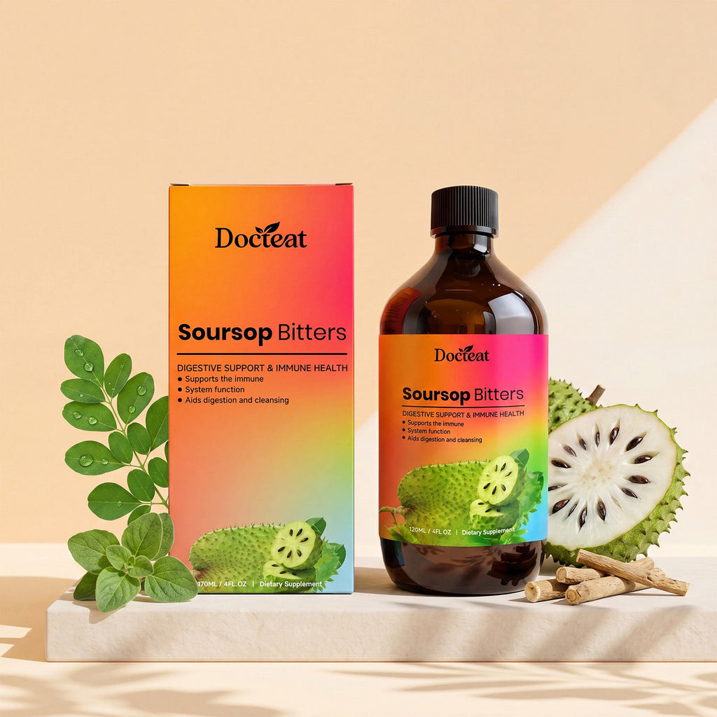 Soursop bitters supplement bottle with black cap and matching carton packaging