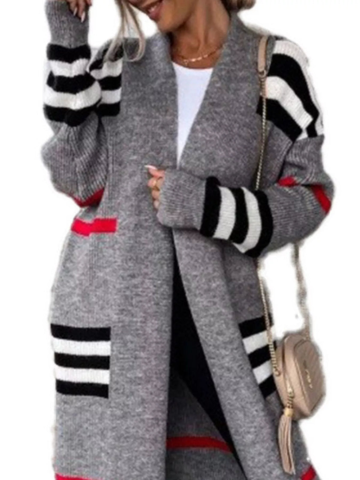 Gray longline open-front cardigan with striped sleeves, stripe hem, and small red accents