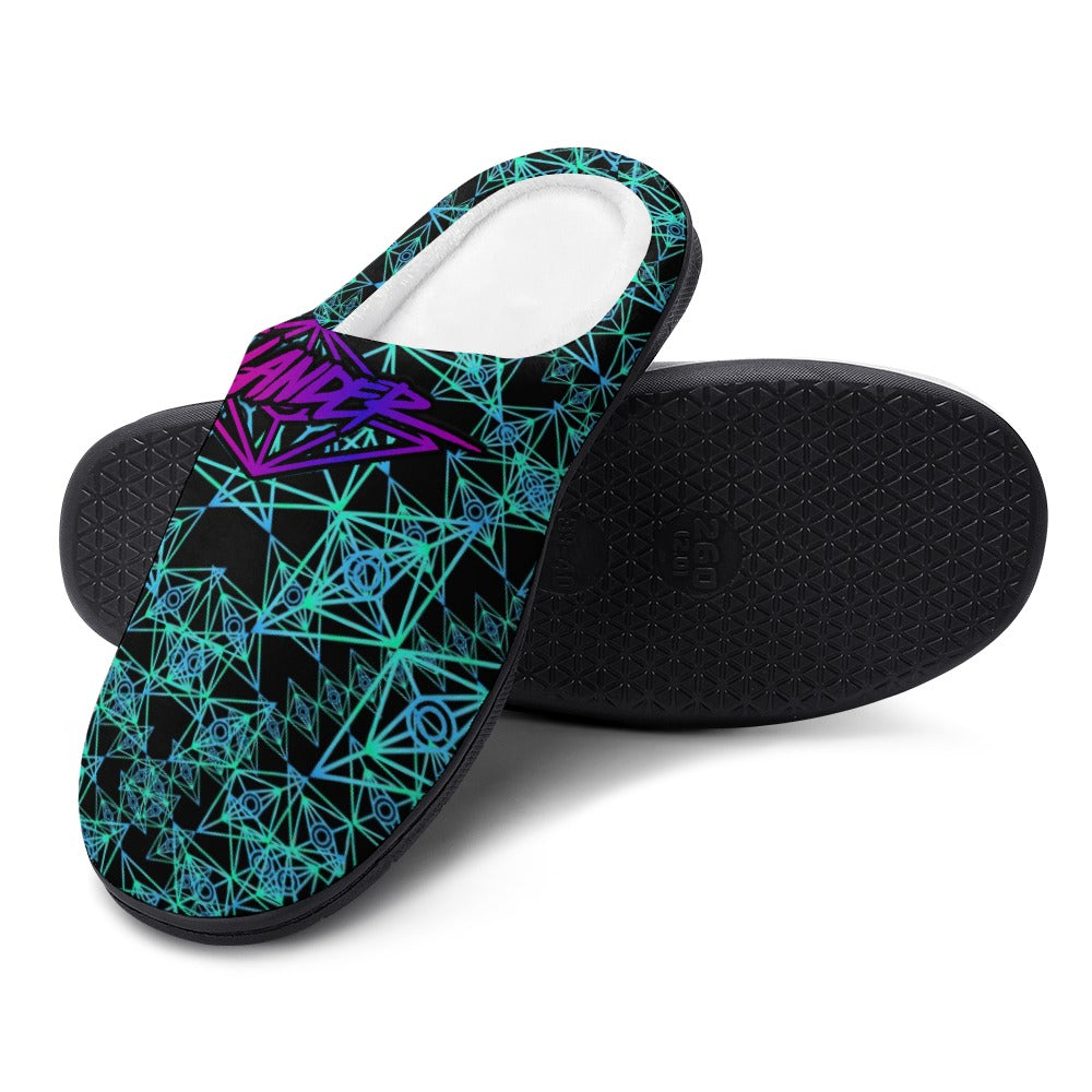 Teal cotton slip-on slipper with purple graphic top and black textured sole.