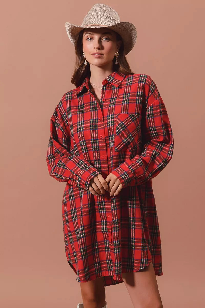 Red plaid button-up shirt dress with collar, front view, long sleeves