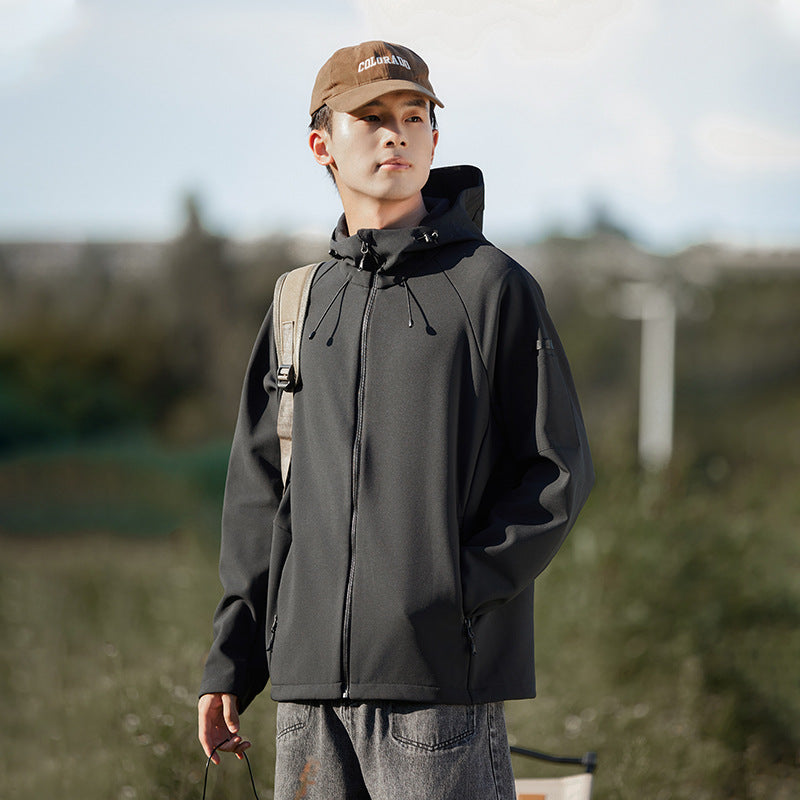 Dark waterproof windbreaker jacket with hood and full-zip front, front drawcords