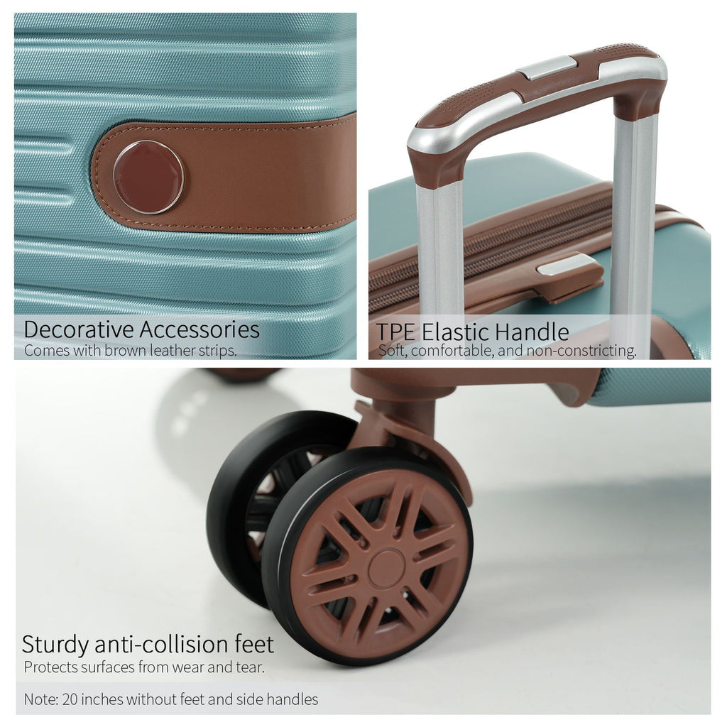 Teal hard-shell suitcase details: brown leather-look trim, anti-collision feet, and spinner wheels.