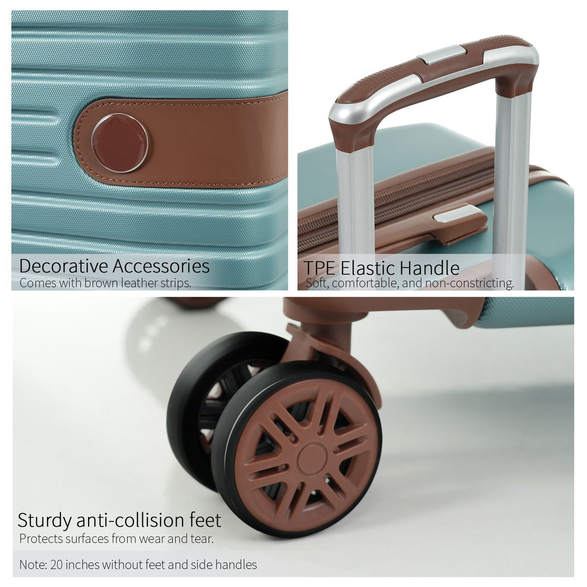 Teal hard-shell suitcase details: brown leather-look trim, anti-collision feet, and spinner wheels.