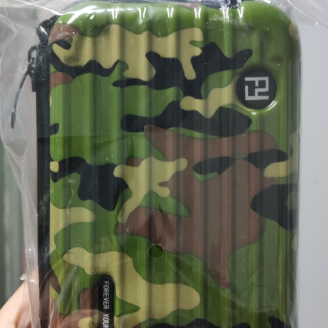 Green camouflage cosmetic bag with zipper and "Forever Young" tag
