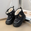 Kids winter ankle boots, black with cartoon accents, fleece-lined collar, thick rubber sole