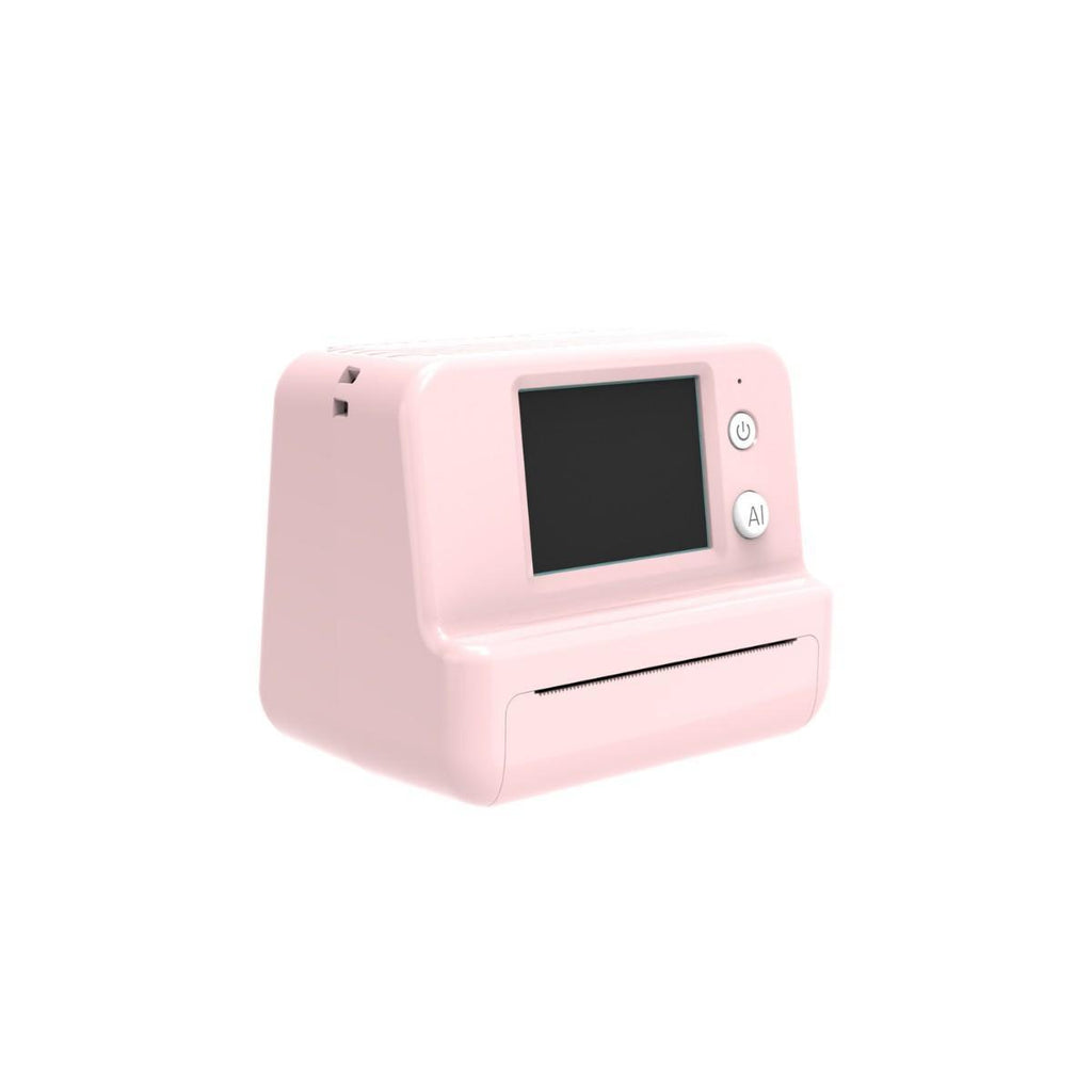 Pink pocket thermal printer front view with blank display and output slot