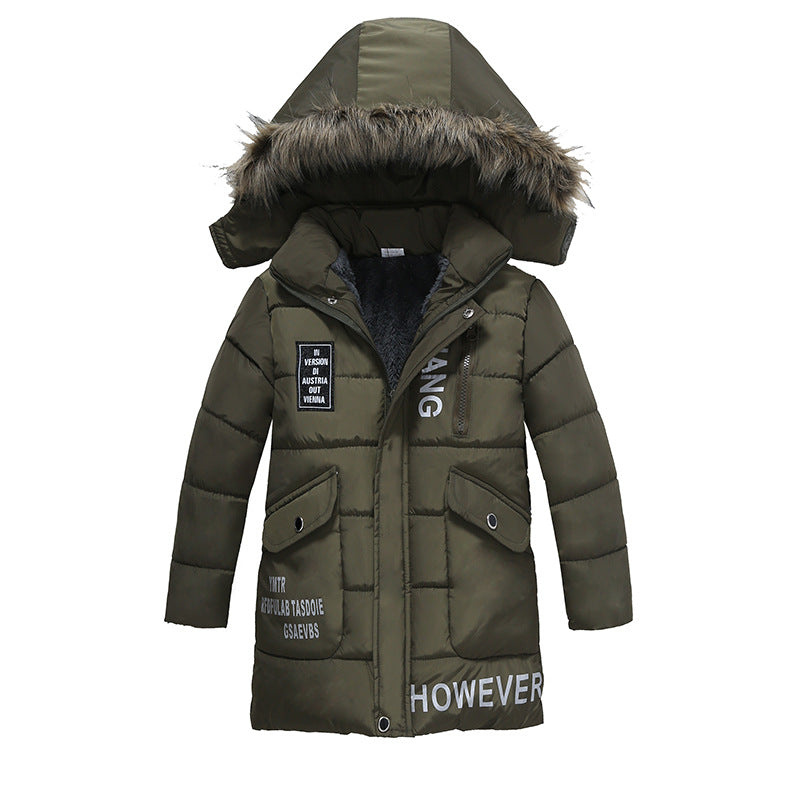 Kids padded hooded jacket, olive green, faux-fur trim, mid-length, front pockets