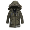 Kids padded hooded jacket, olive green, faux-fur trim, mid-length, front pockets