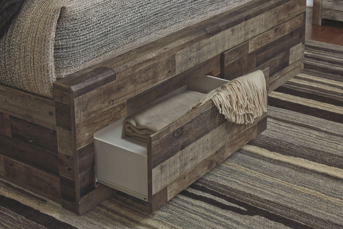 Youth nightstand drawer beside rustic panel bed on striped rug