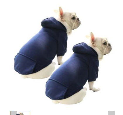 Navy dog hoodie sweater with hood and front pocket, worn by two small dogs