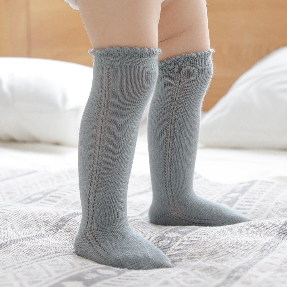 Baby long tube socks, blue-gray knit, ribbed cuff with side stitched stripe