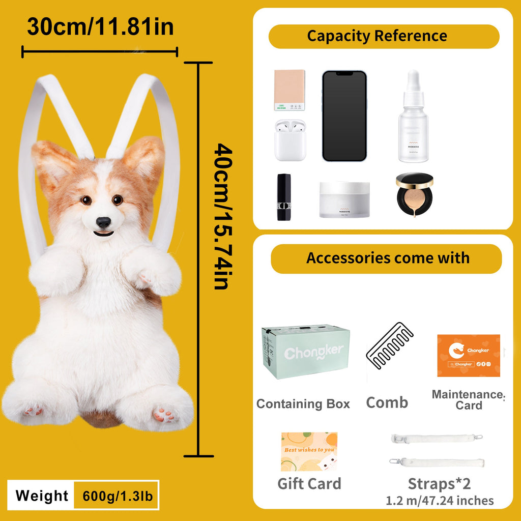Corgi plush backpack size chart with 30 cm height/1.31 lb weight and accessories list