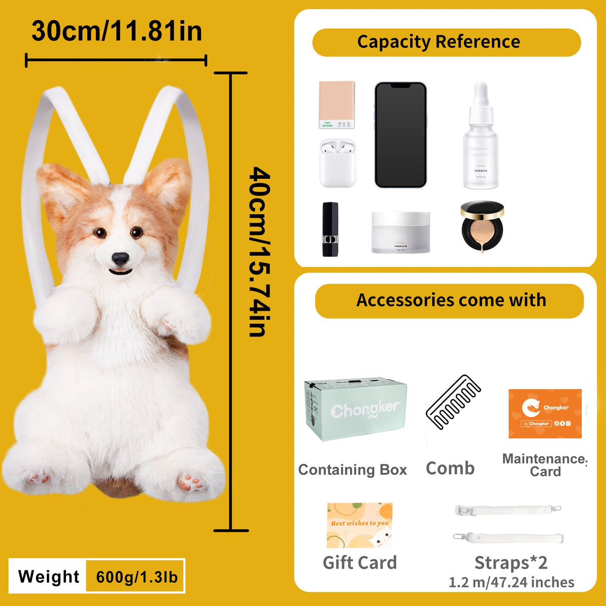 Corgi plush backpack size chart with 30 cm height/1.31 lb weight and accessories list