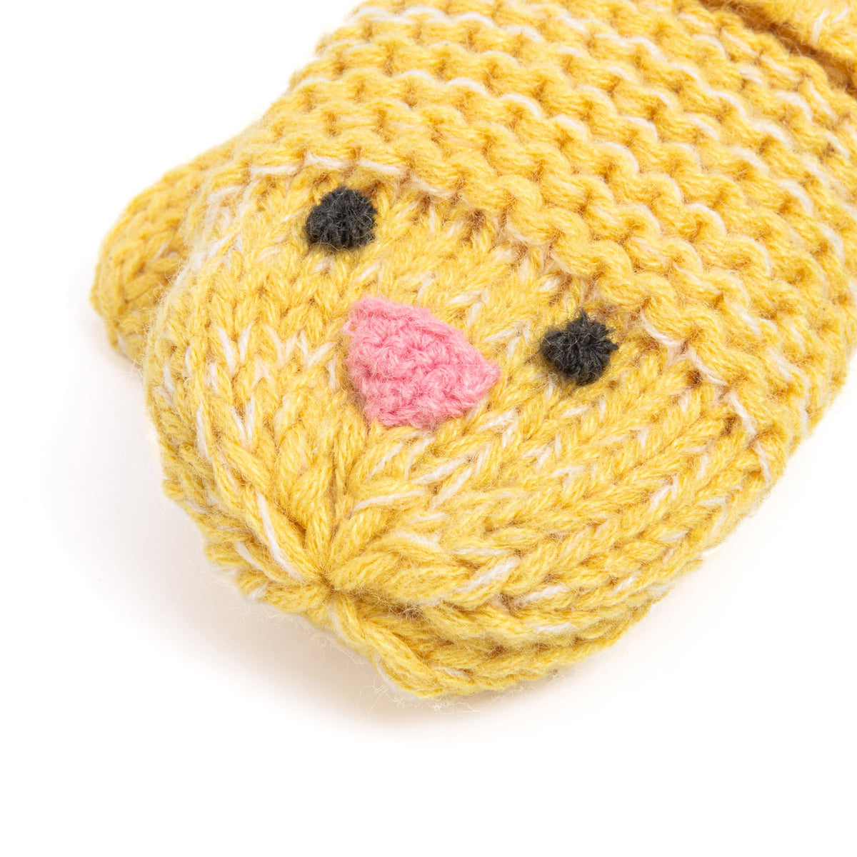 Yellow knitted mitten with chick face detail, pink beak, black eyes, and loop cord