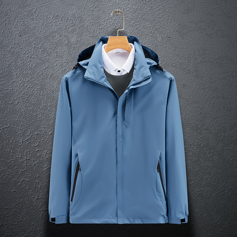 Men's light blue waterproof hooded jacket on hanger, zip front and stand collar.