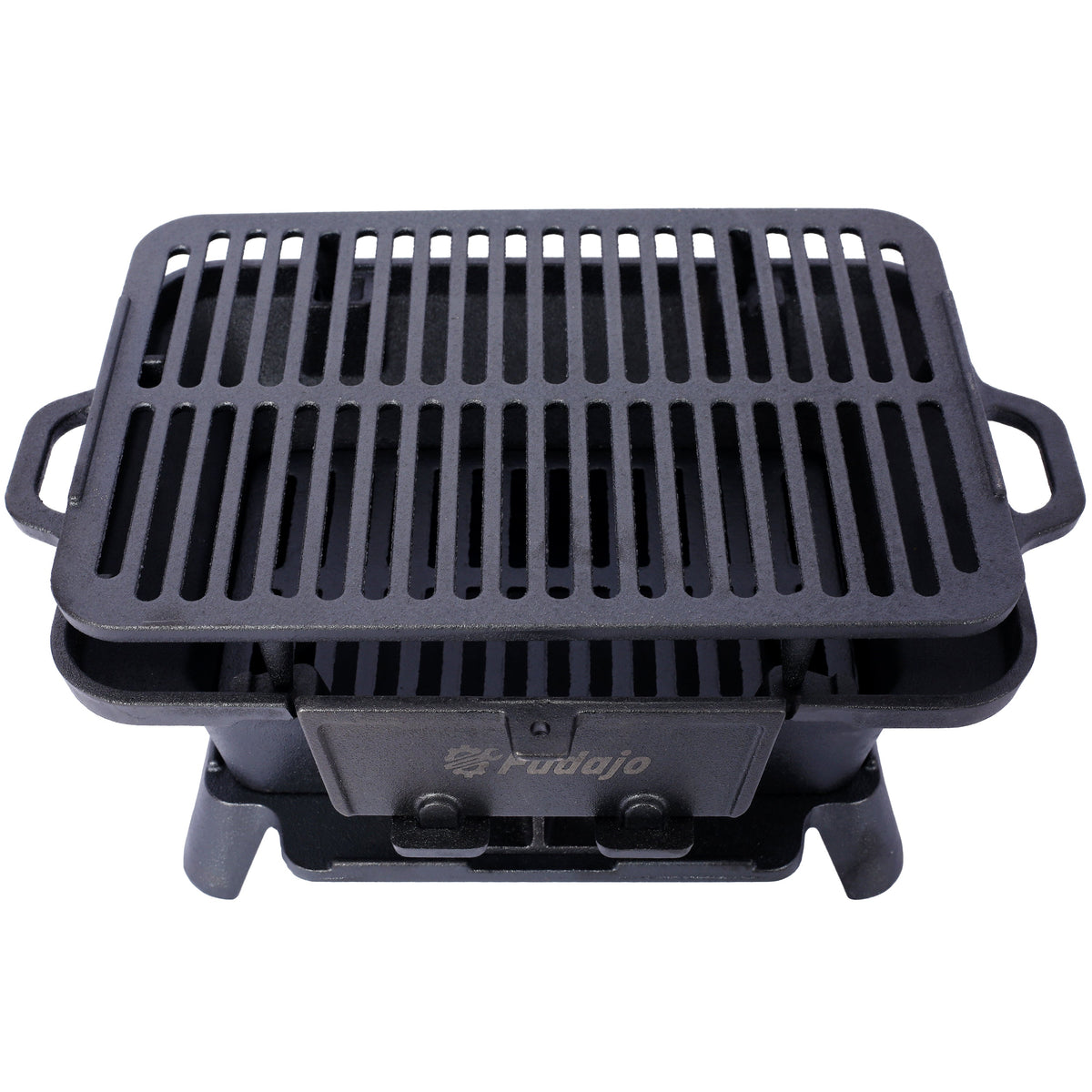 Oval cast iron grill with slotted lid grate and integrated side handles, dark enamel