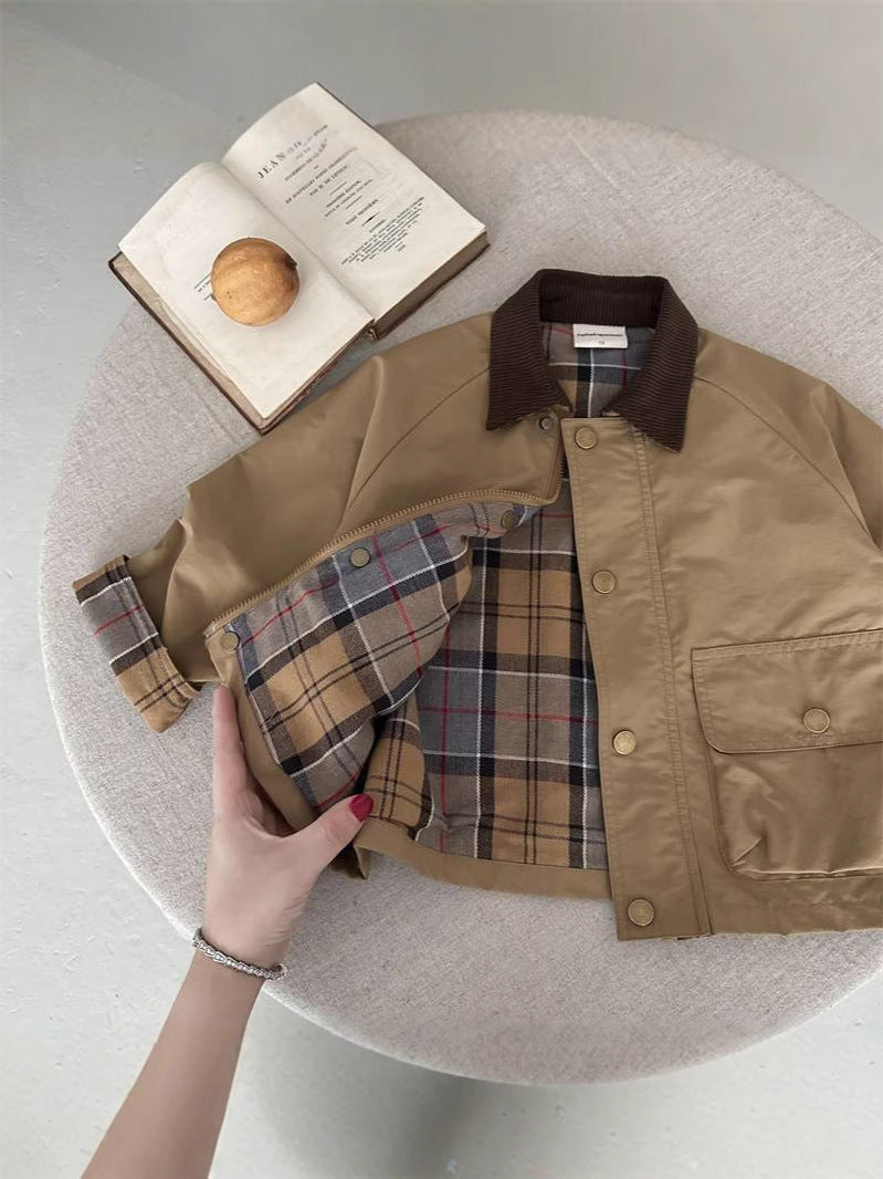 Beige patchwork jacket with plaid lining panel, button front, and brown collar