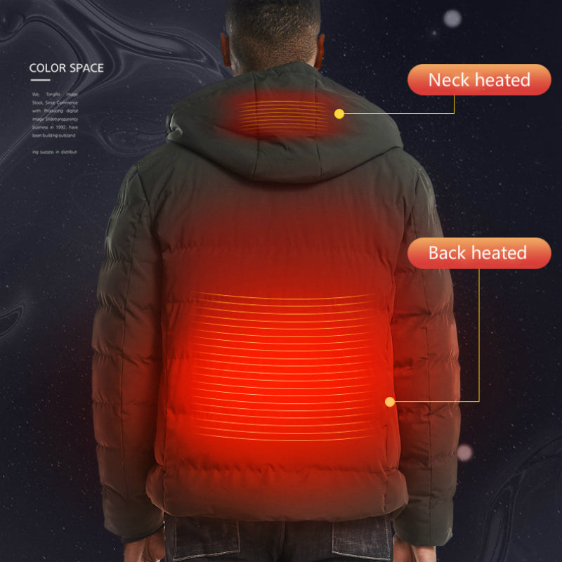Men's heated cotton coat with hood, dark green, back view with heat zones highlight
